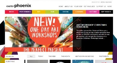 Phoenix Exeter arts venue homepage featuring exhibitions and creative community events